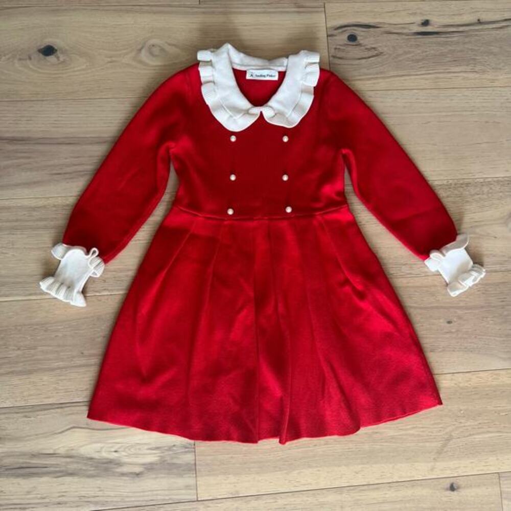 SMILING PINKER - Girls 
Peter Pan‎ Collar Sweater Dress - Red - Approx Size 6